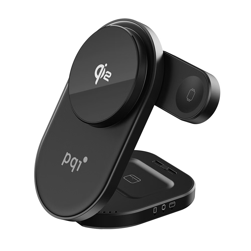 PQI｜Qi2三合一折疊式磁吸無線充電座–黑色