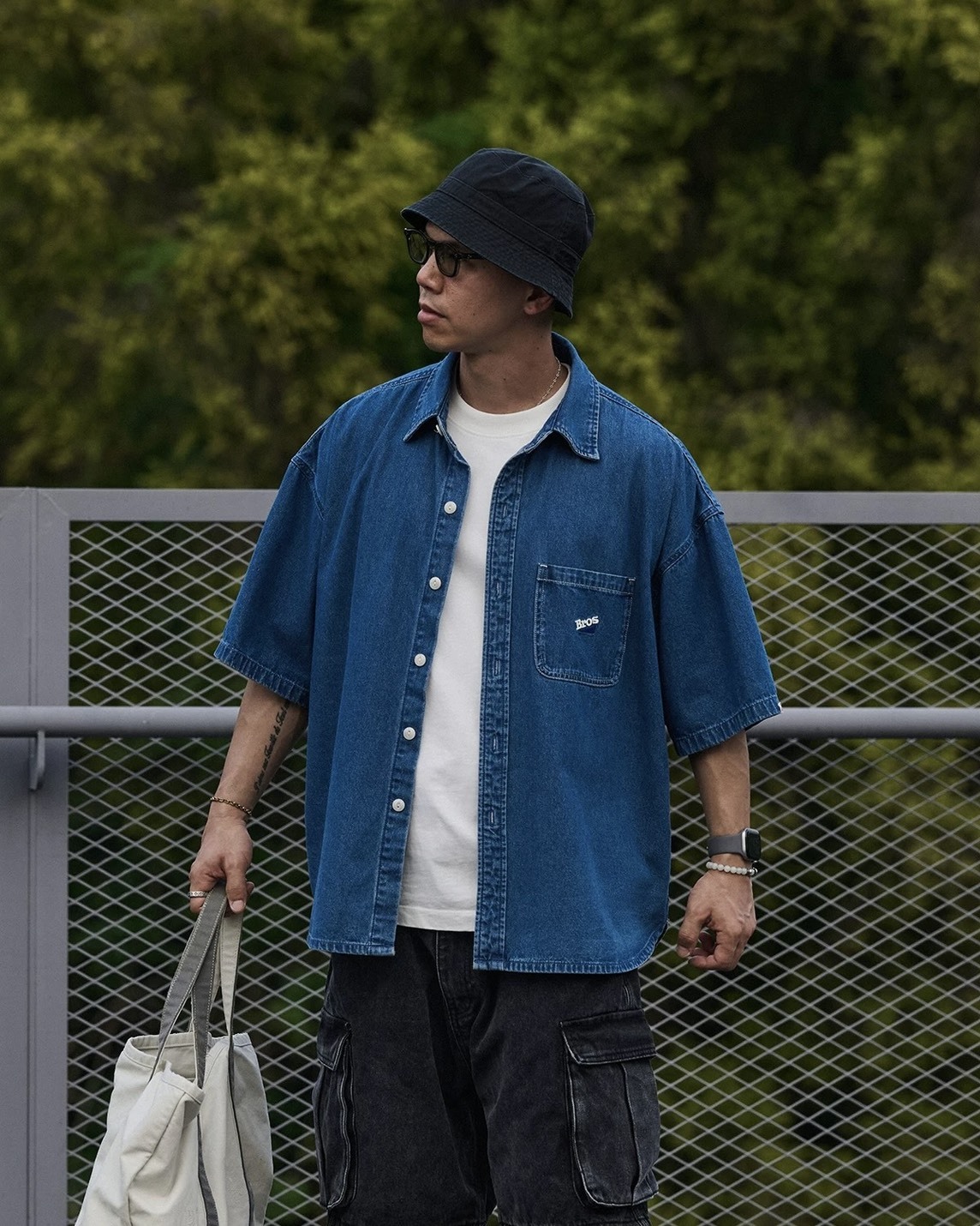 #預購 Broshood 26SS 日系寬鬆 百搭工裝風 水洗刺繡做舊 牛仔短袖襯衫