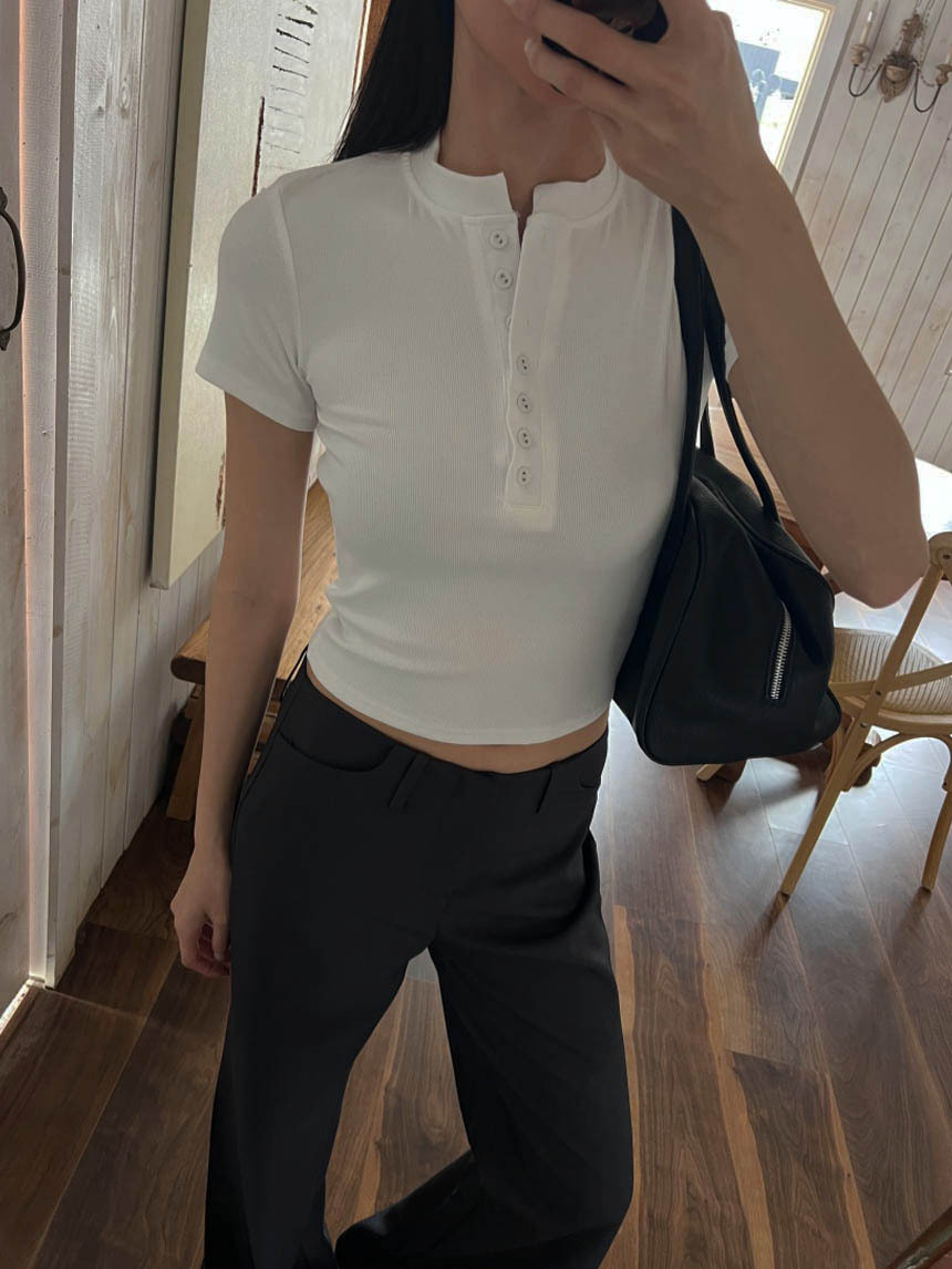 立領鈕釦短袖螺紋上衣*4色