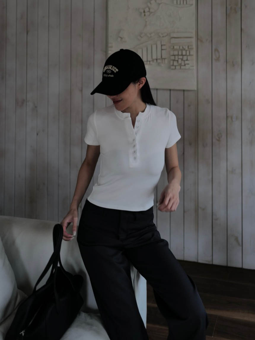 立領鈕釦短袖螺紋上衣*4色