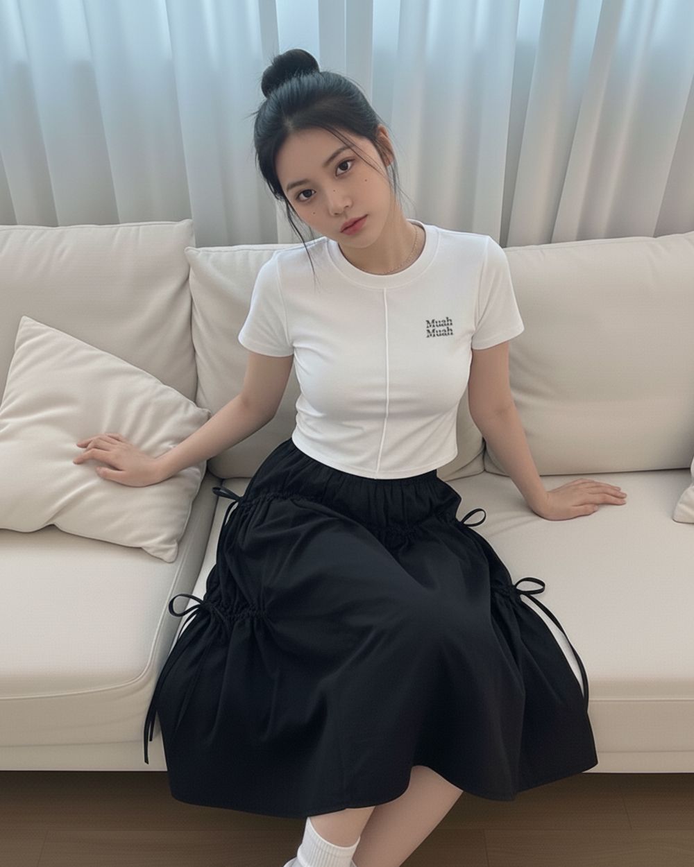 MUAHMUAH 細褶點綴短版短袖T恤 MUT26026