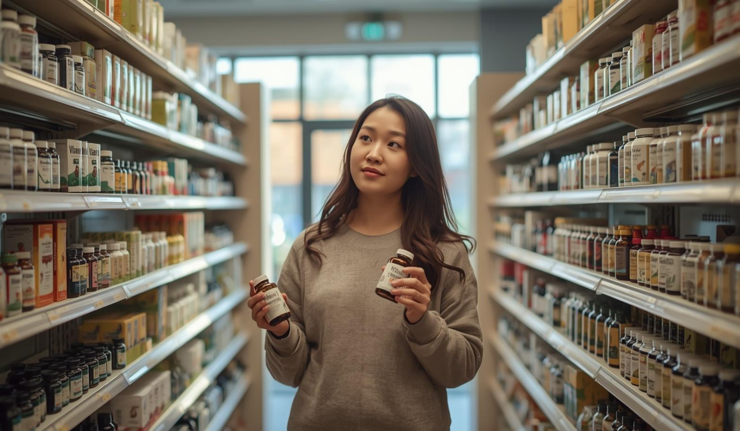 德國藥房維他命貨架上一位拿著綜合維他命猶豫選擇的亞洲媽媽