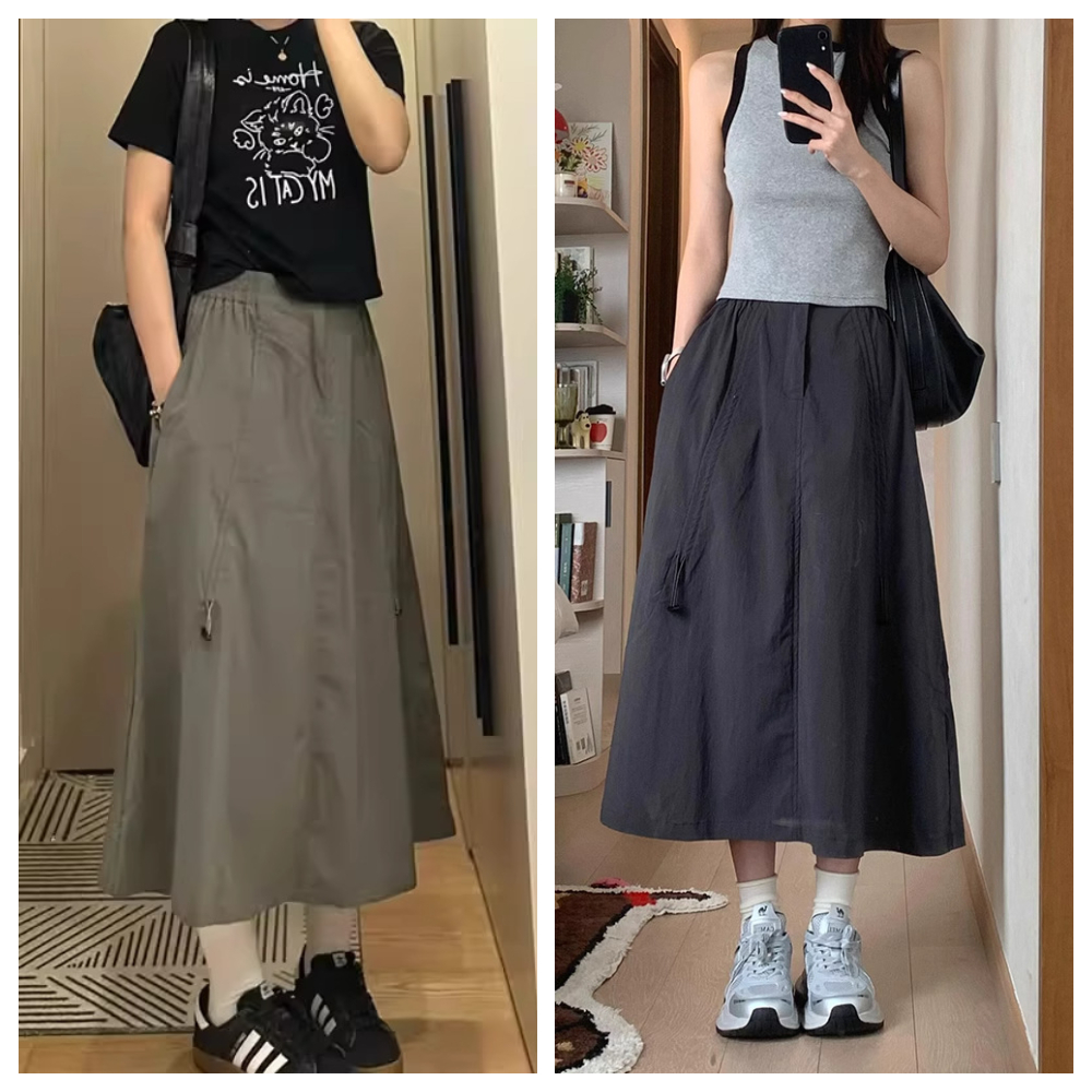 【ASister 小姊姊】AS2385#女裝｜裙子☆中大尺碼抽繩降落傘布工裝A字半身裙(3色 S-5XL)