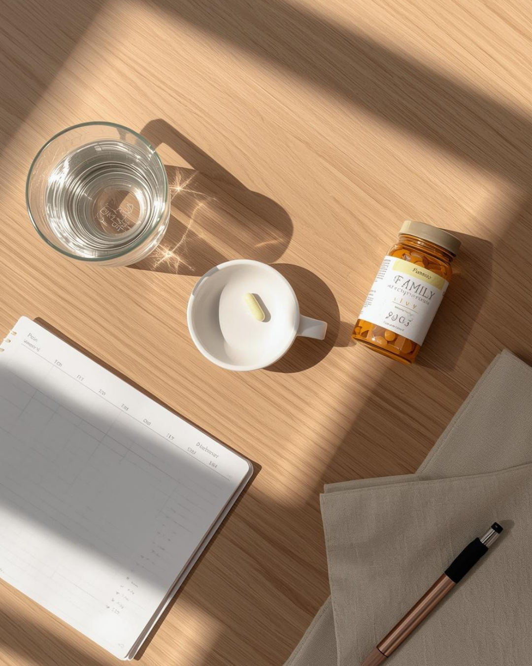 家中早餐桌上一杯水與綜合維他命樽和小碟中的膠囊