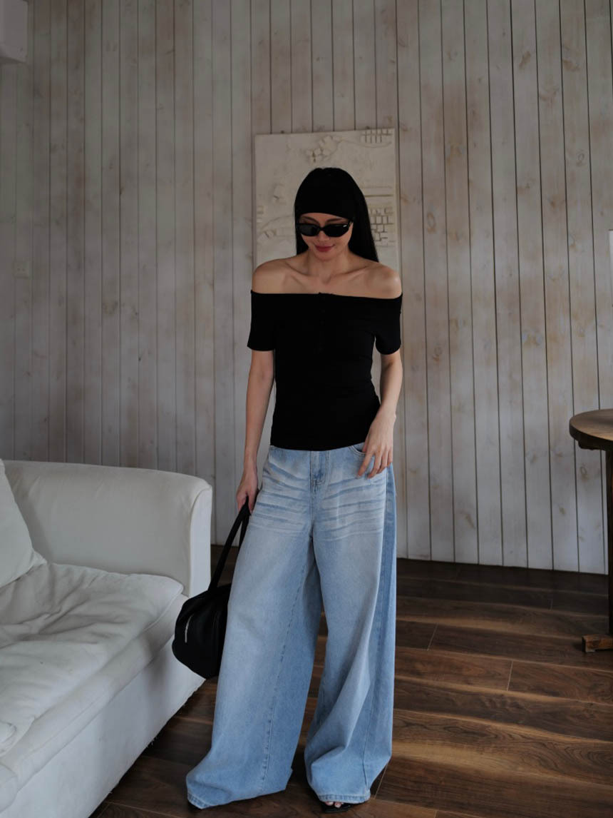 韓系短袖修身一字領釦子上衣*3色