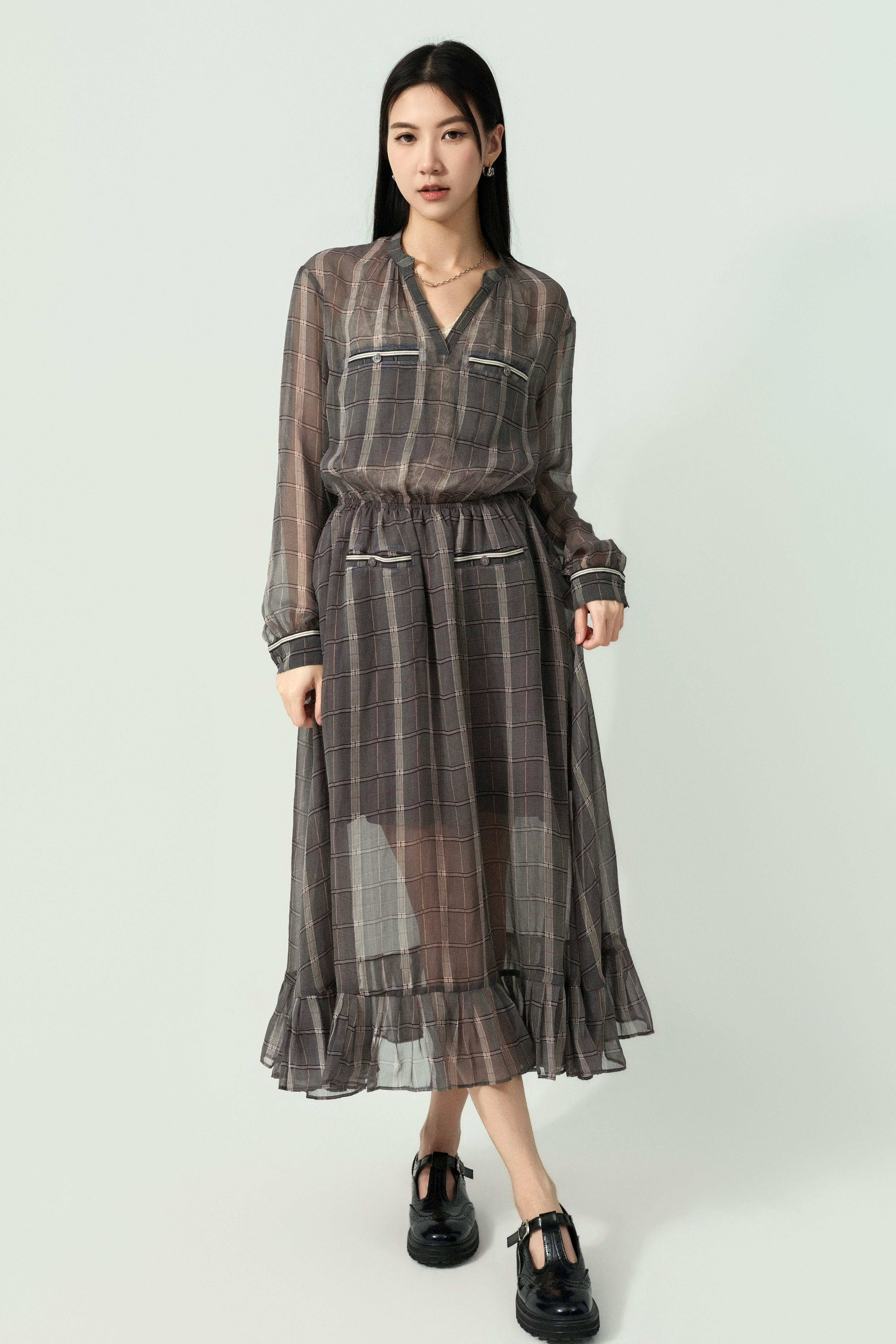 四袋格紋雪紡連身裙 (預購產品）