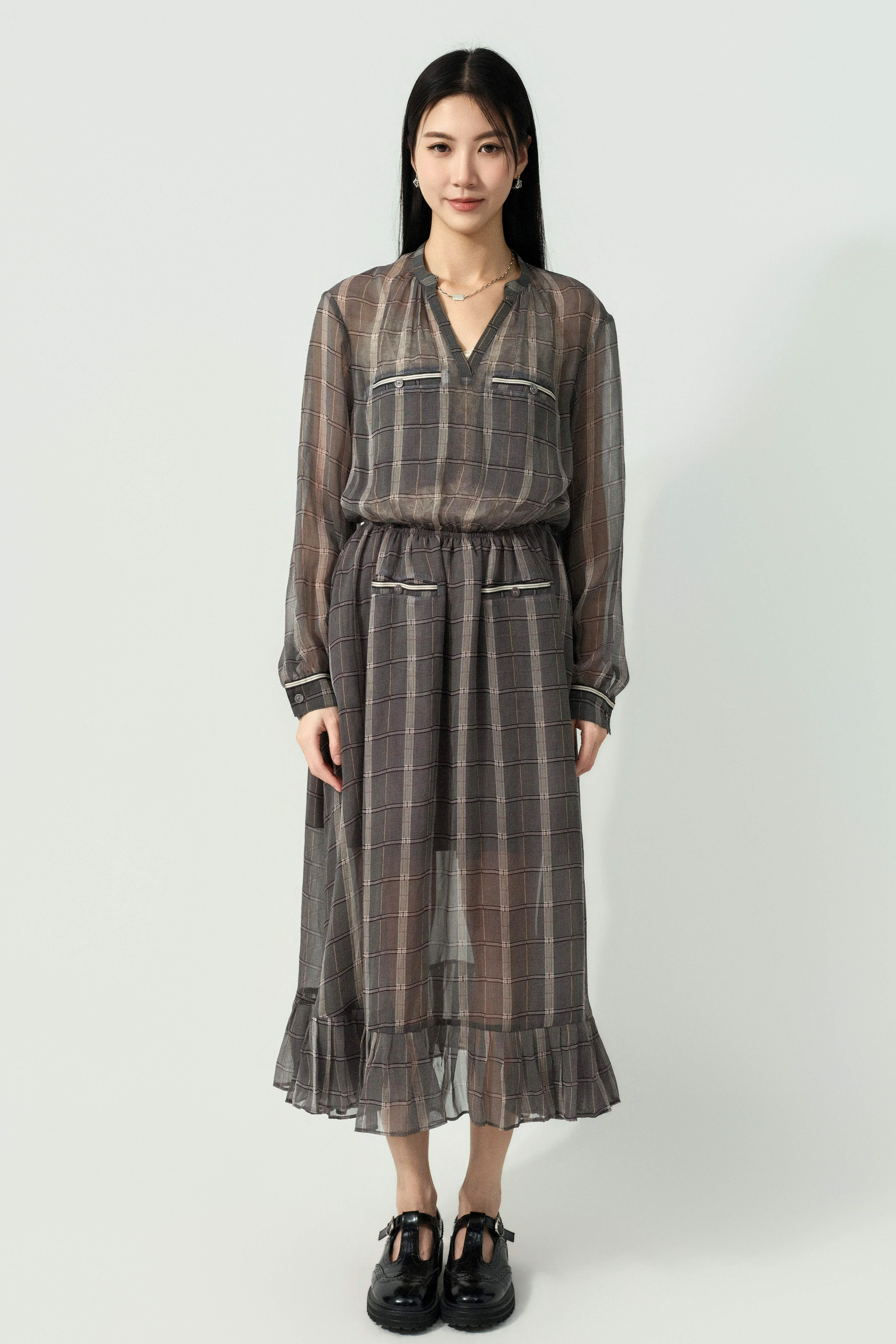 四袋格紋雪紡連身裙 (預購產品）