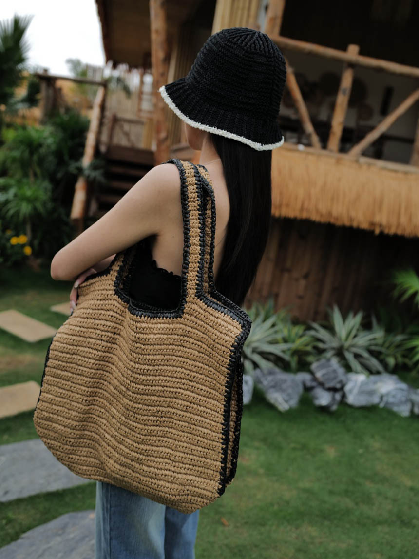 黑邊編織草包-卡其