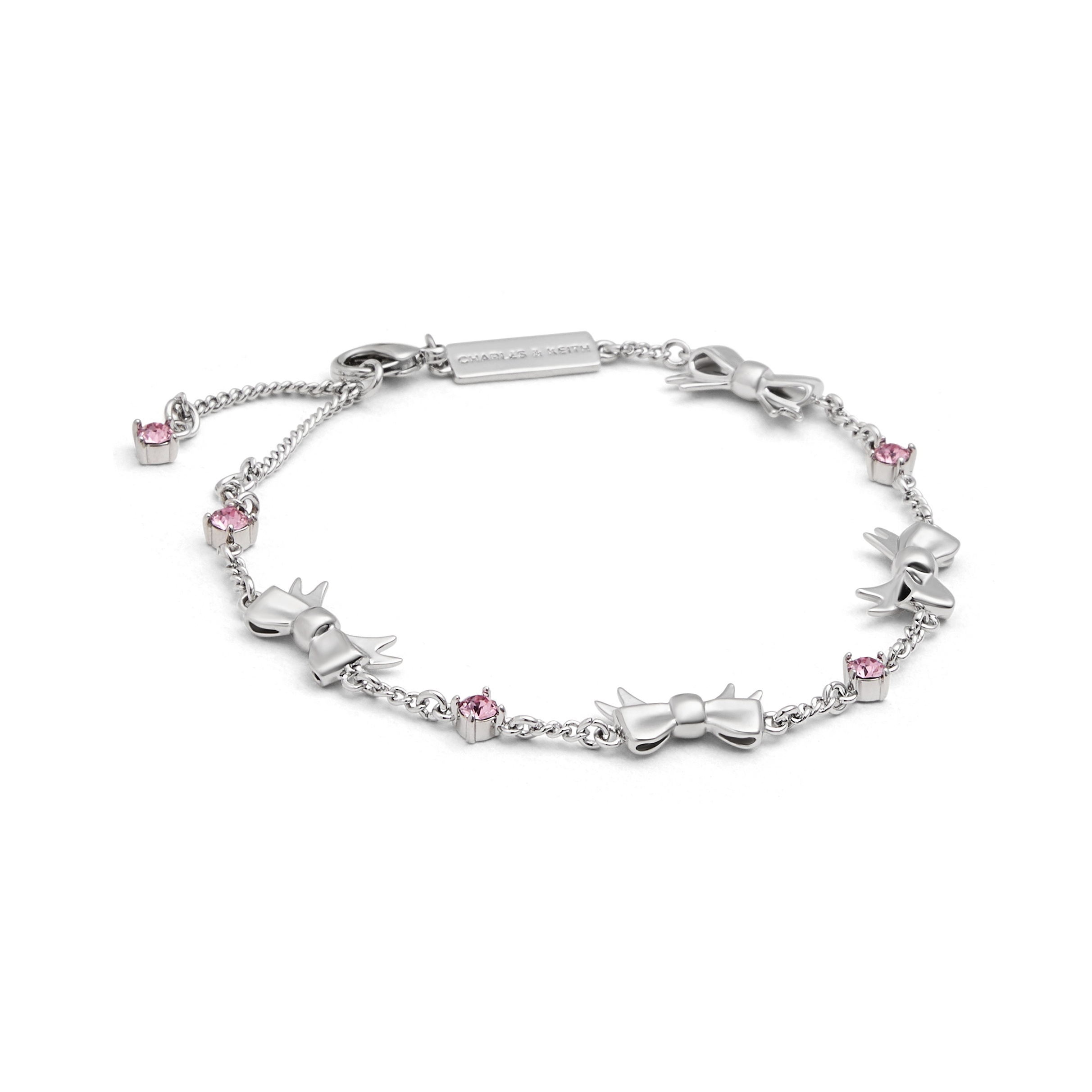 代購-CHARLES&KEITH 小ck 蝴蝶結系列 鑲鑽 可調節 黃銅水晶 手鍊 粉紅色Pink