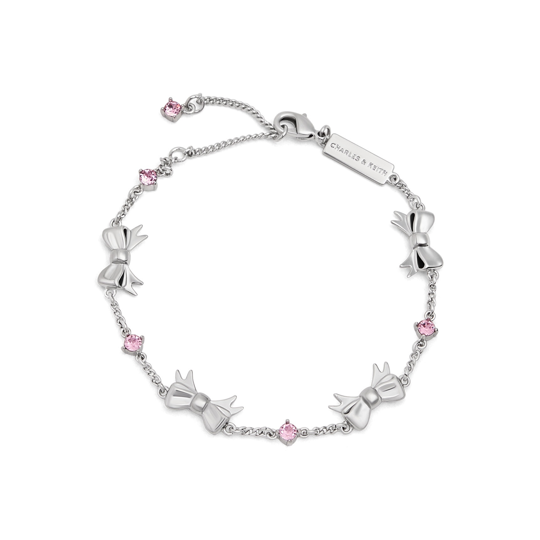 代購-CHARLES&KEITH 小ck 蝴蝶結系列 鑲鑽 可調節 黃銅水晶 手鍊 粉紅色Pink