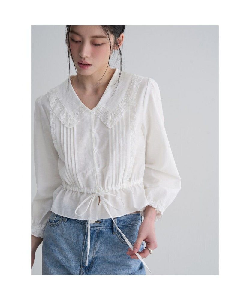 8SECONDS V領大翻領蕾絲細褶上衣 白色 356364WM31