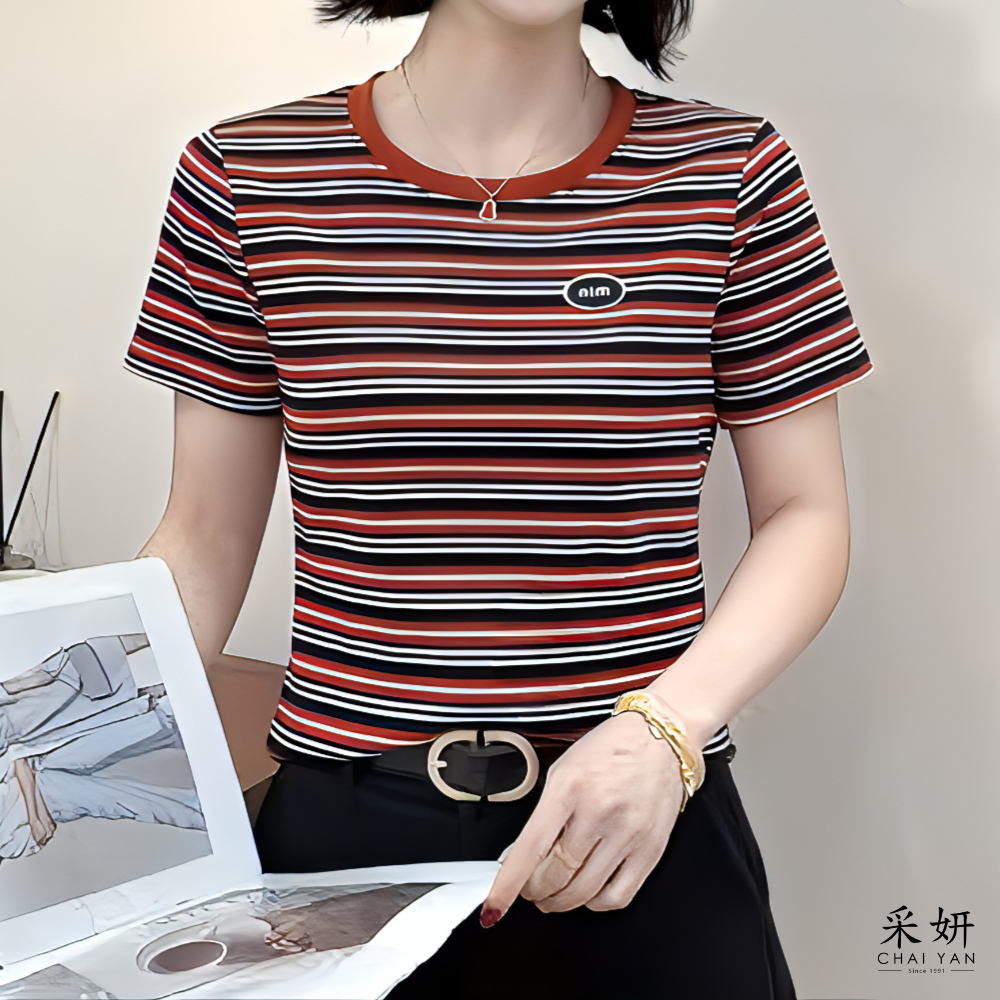橫條小布標高彈短袖上衣