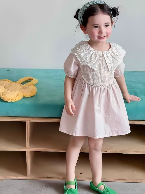 BYC04D001PK  霧粉法式網格蕾絲刺繡娃娃領連身裙