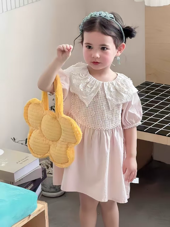 BYC04D001PK  霧粉法式網格蕾絲刺繡娃娃領連身裙