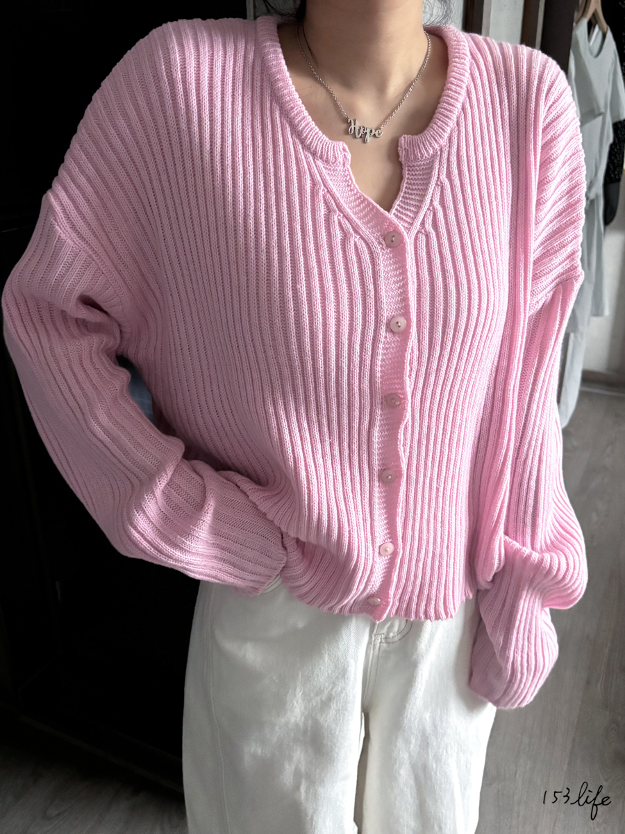 A22排釦坑條落肩寬針織外套(2色)