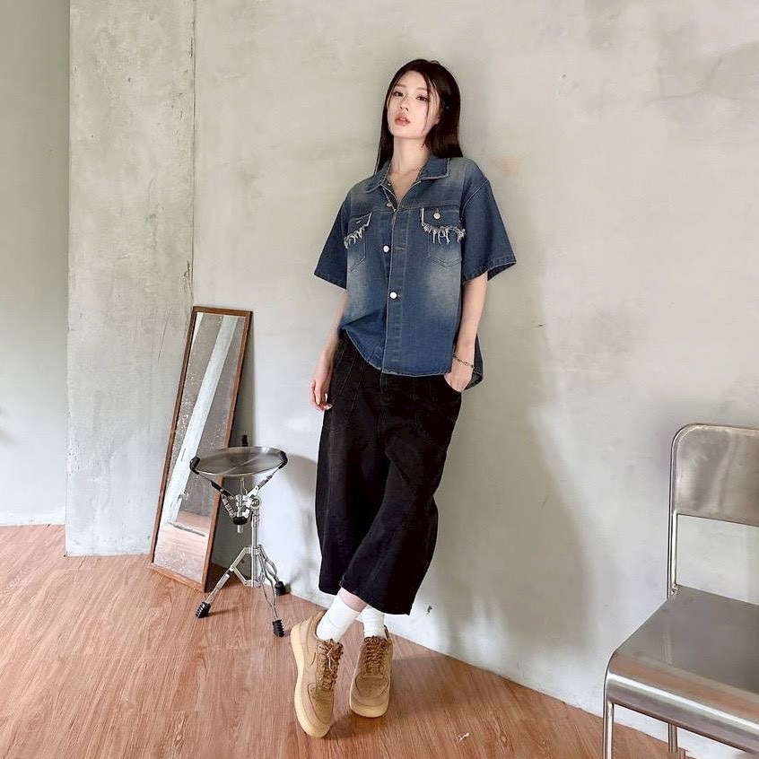 立體 剪裁 廓型 彎刀 牛仔 七分褲