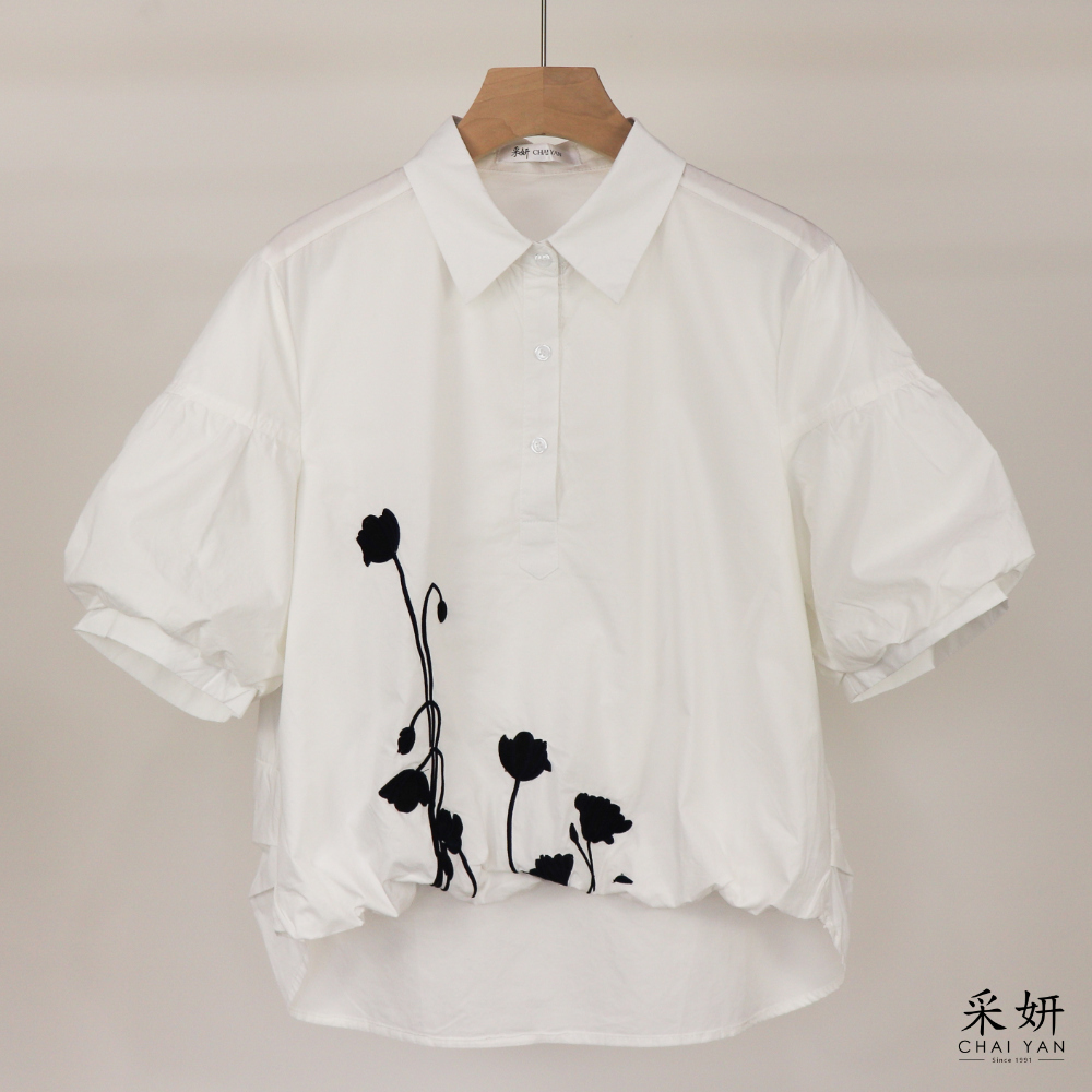 花朵半開襟泡袖襯衫上衣