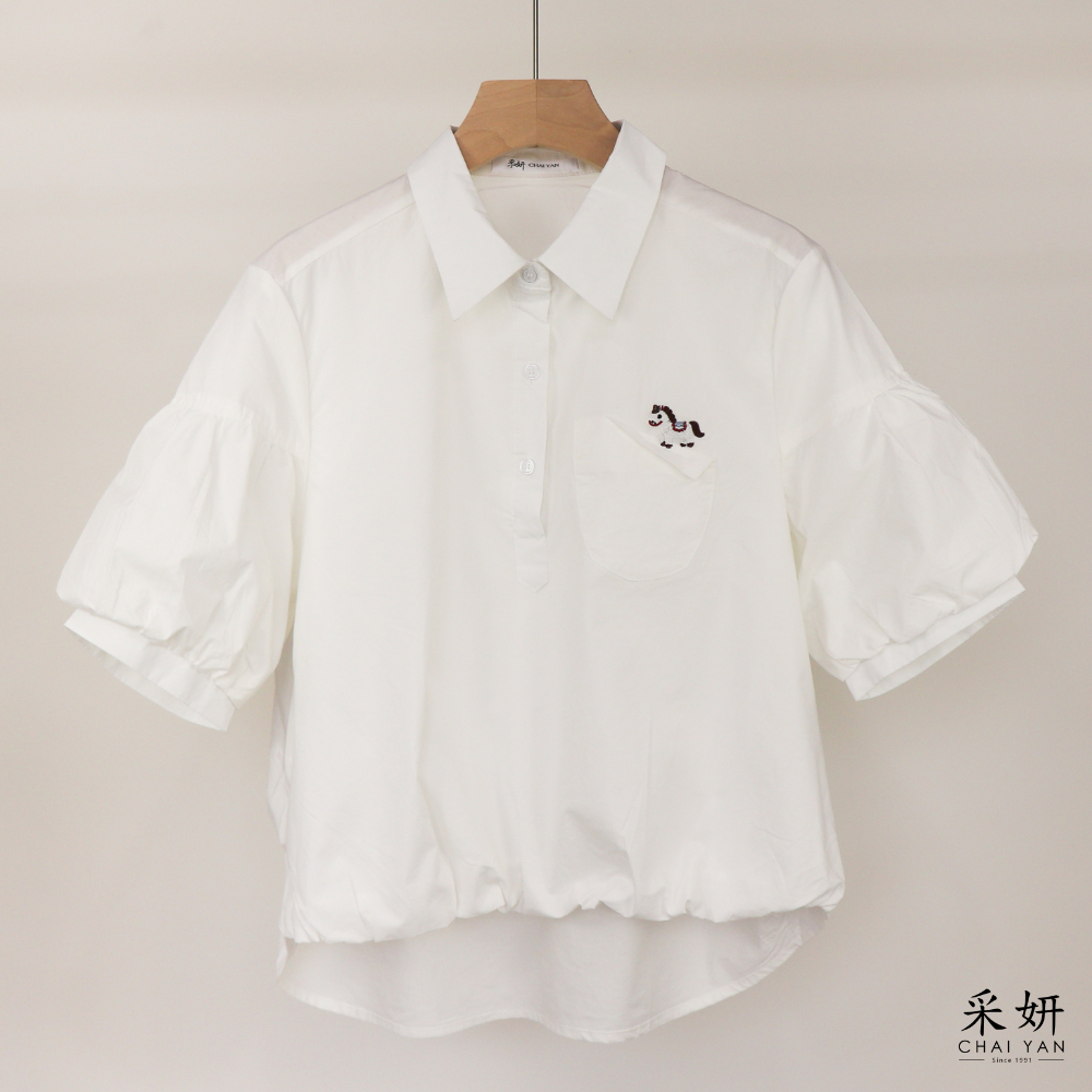 小馬半開襟泡袖襯衫上衣