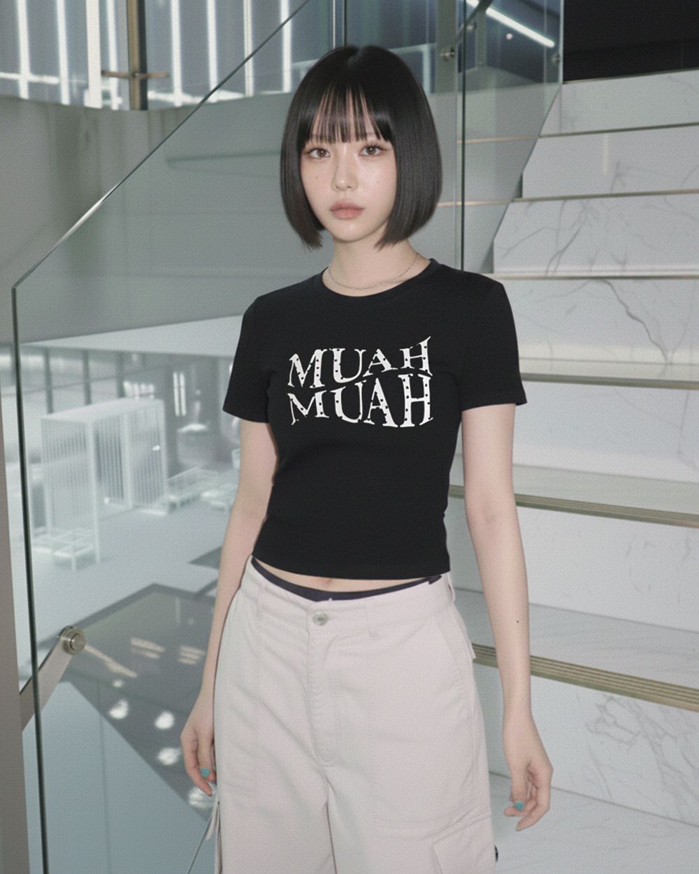 MUAHMUAH 愛心點綴短版短袖上衣 MUT26027