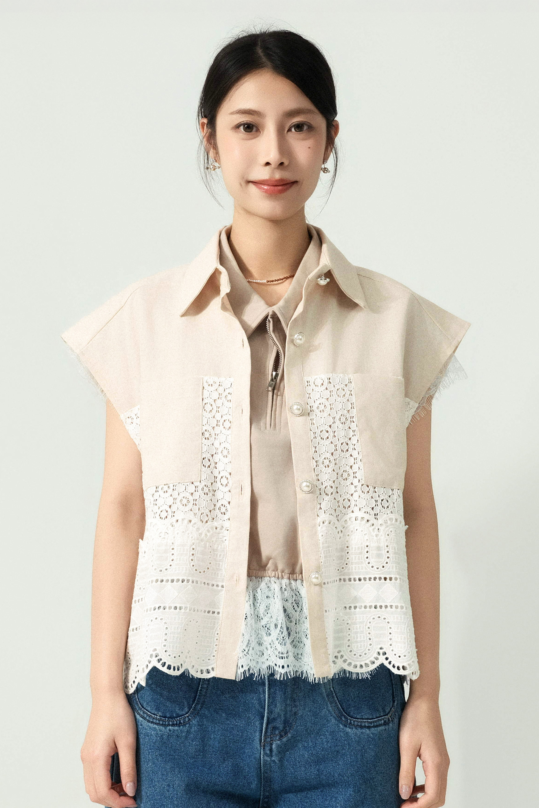 棉麻拼通花棉恤衫背心  (預購產品）