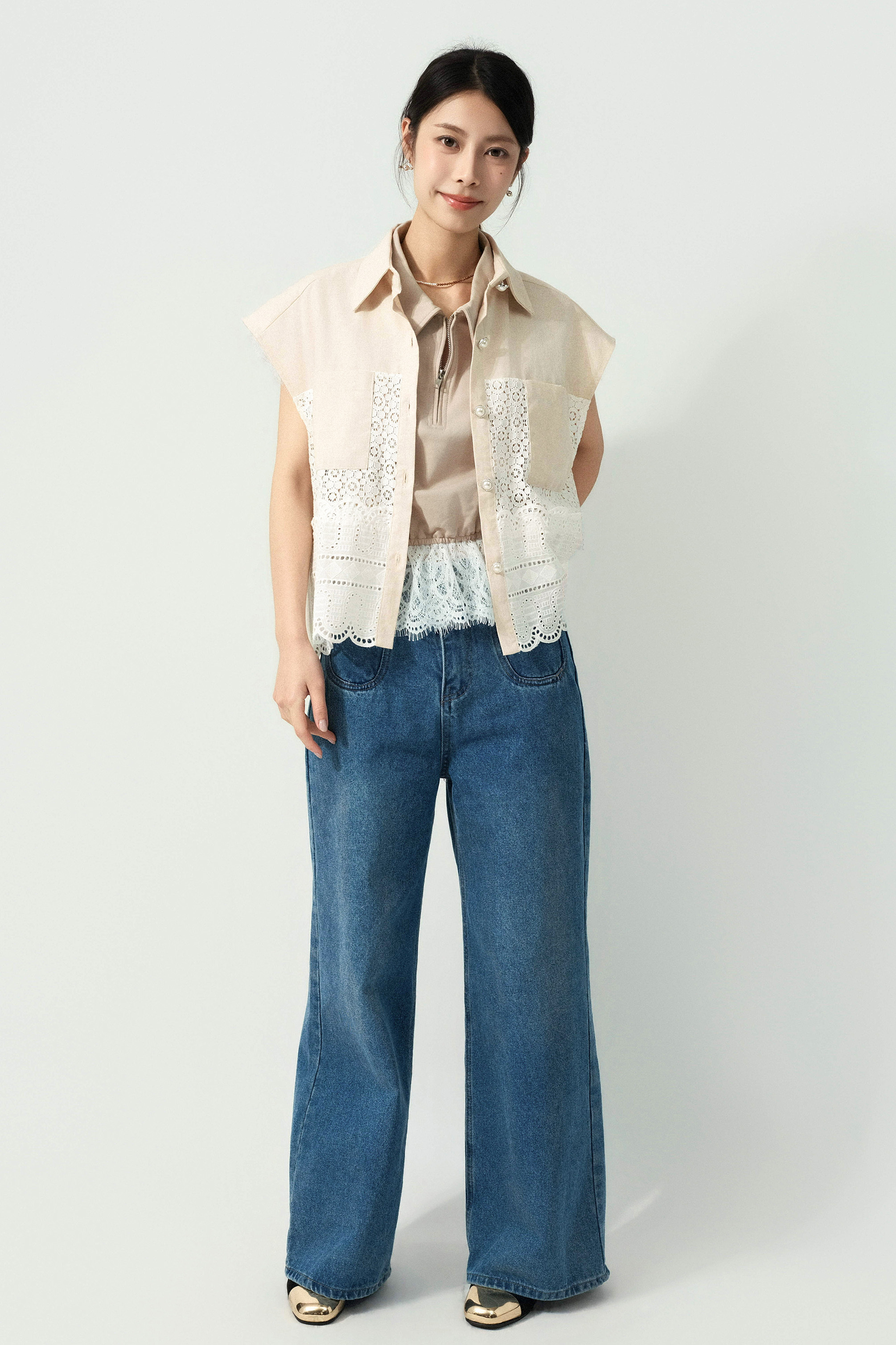 棉麻拼通花棉恤衫背心  (預購產品）