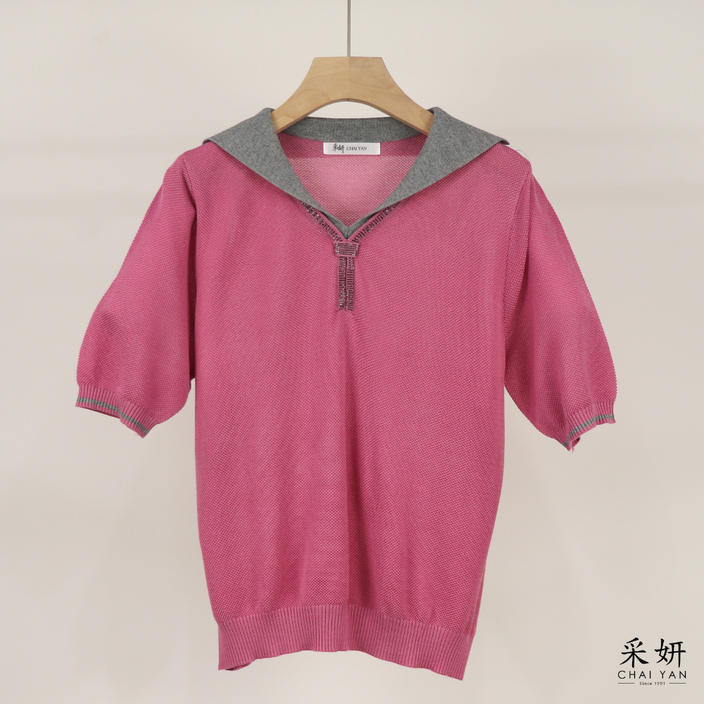 跳色領網針織短袖上衣