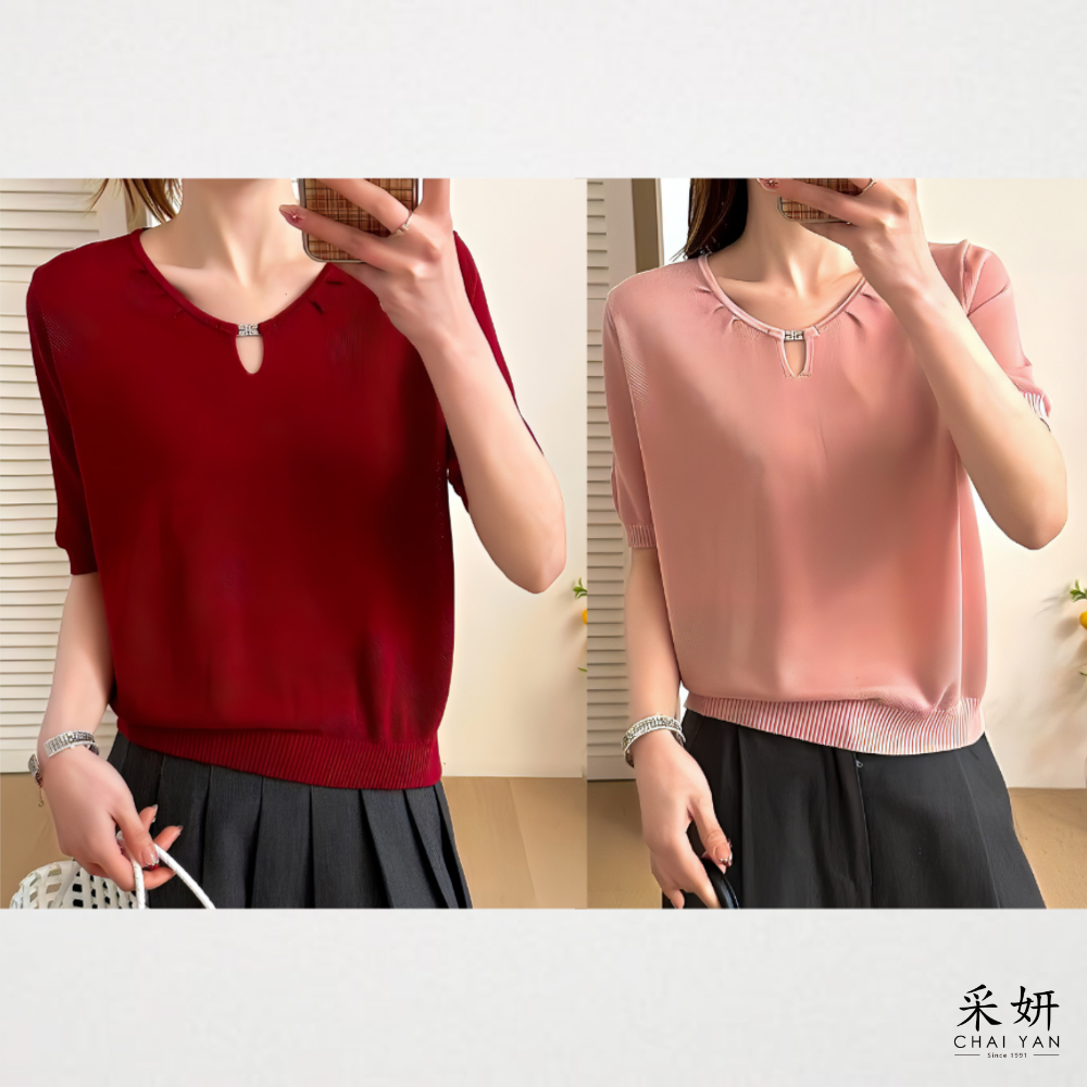 簍空領網針織短袖上衣