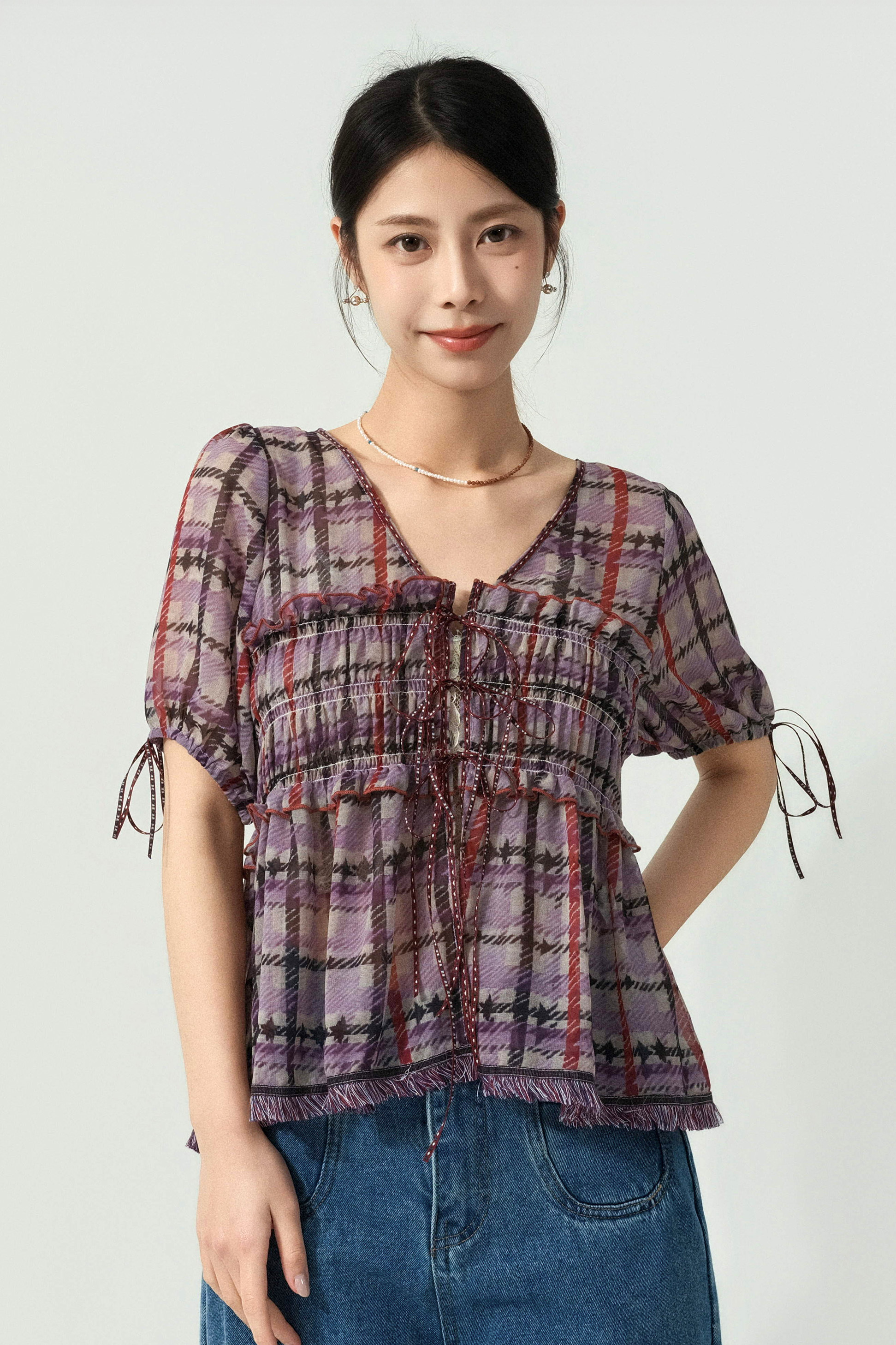 蘇蘇腳大格雪紡娃娃上衣 (預購產品）