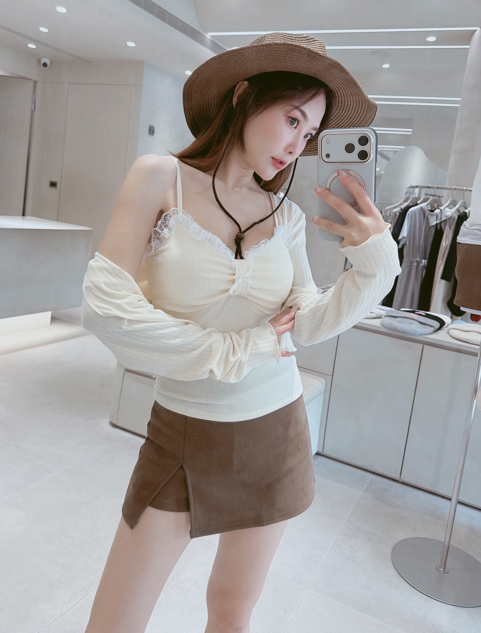 蕾絲邊坑條罩杯背心+坑條外套