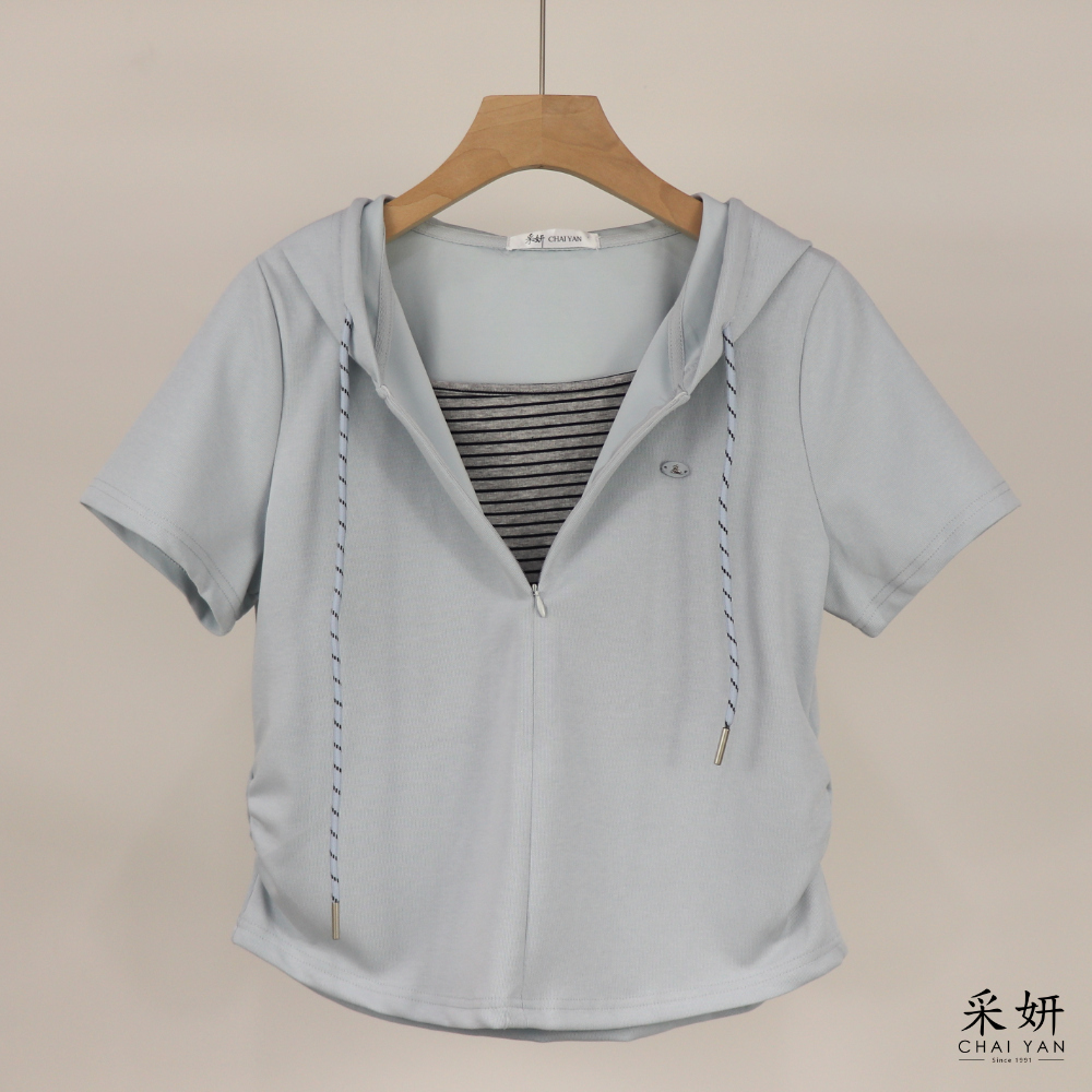 二件式 假兩件連帽上衣+寬直筒長褲