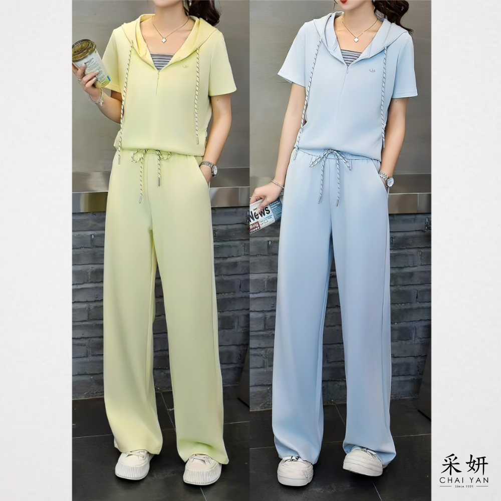 二件式 假兩件連帽上衣+寬直筒長褲