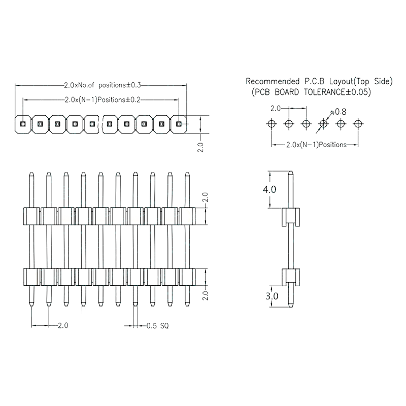 1x9 雙塑排針 12mm,尺寸規格