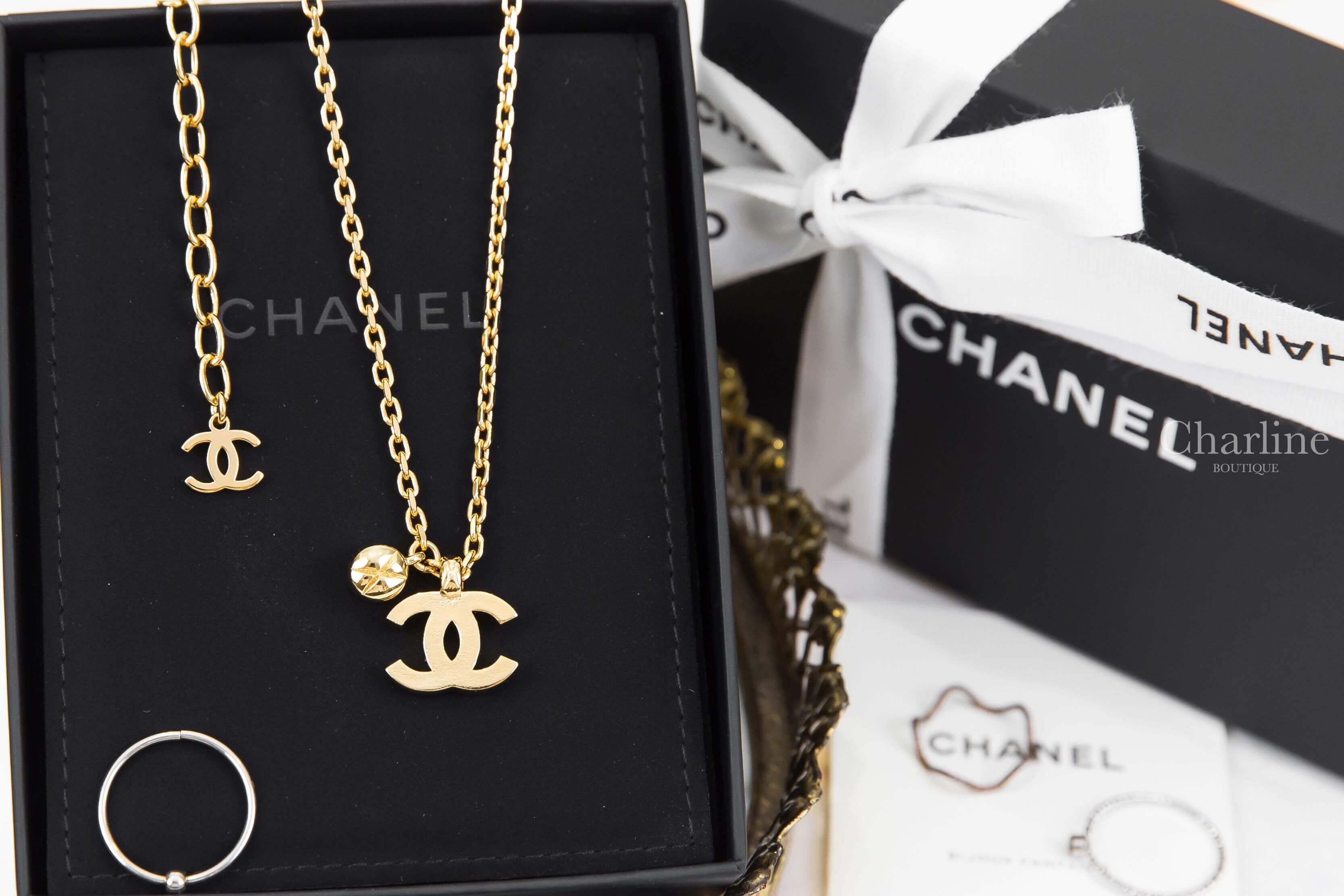Chanel Necklace 金色菱格紋CC/水鑽垂墜項鍊-Charline Boutique 精品代購