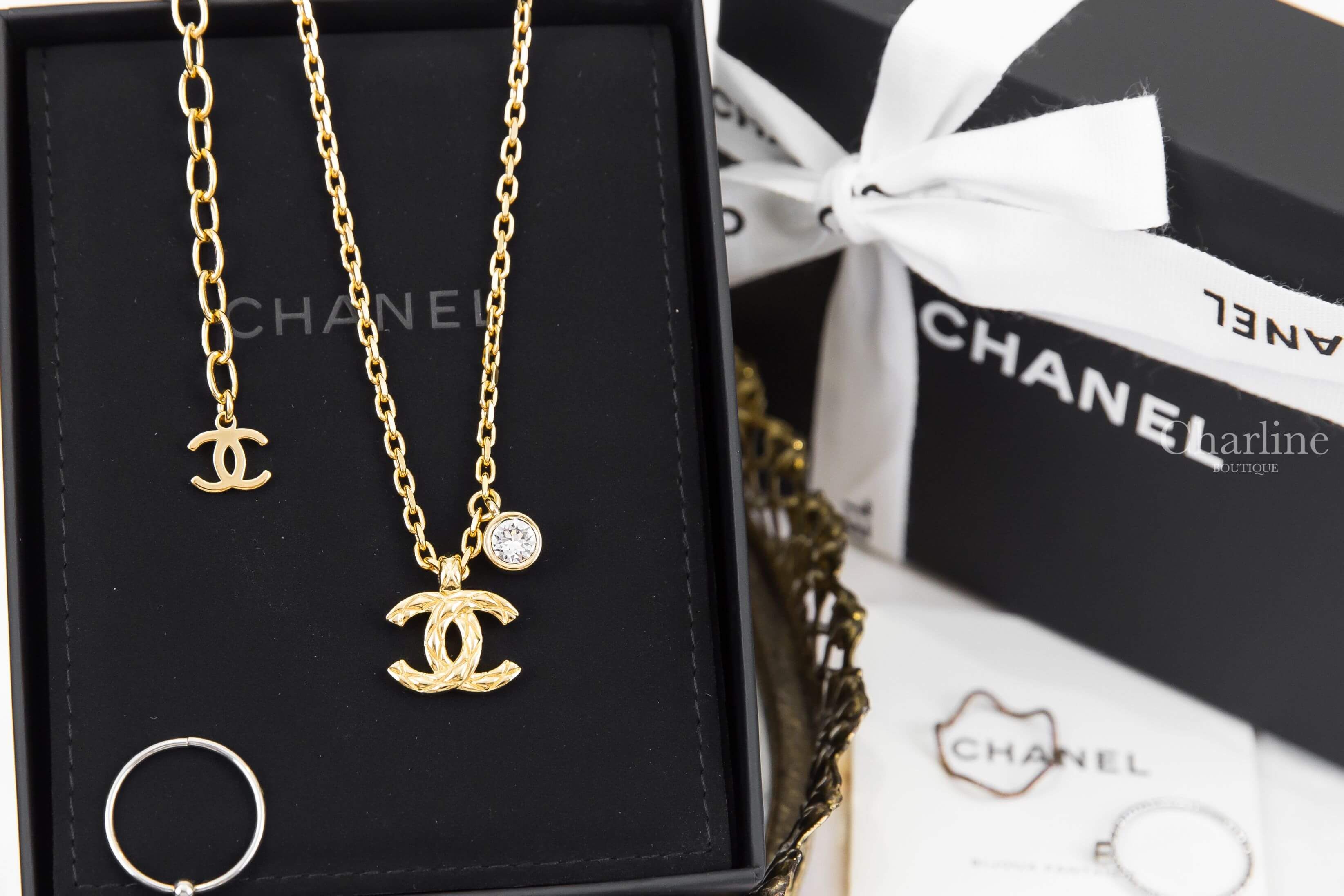 Chanel Necklace 金色菱格紋CC/水鑽垂墜項鍊