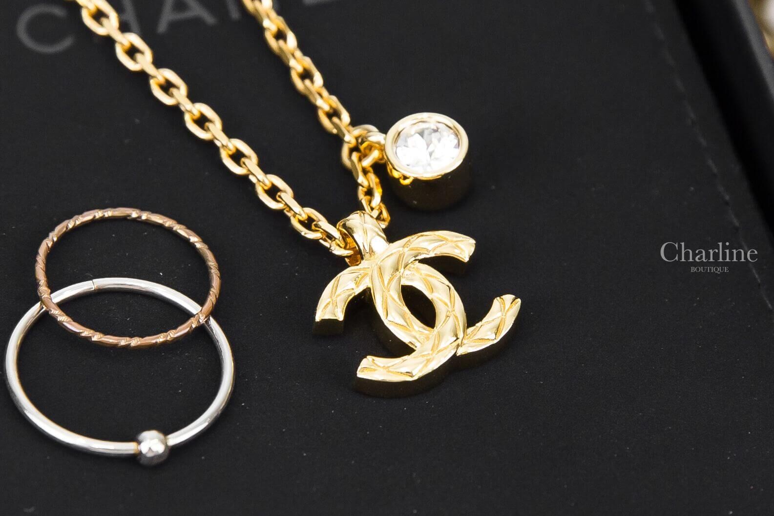 Chanel Necklace 金色菱格紋CC/水鑽垂墜項鍊