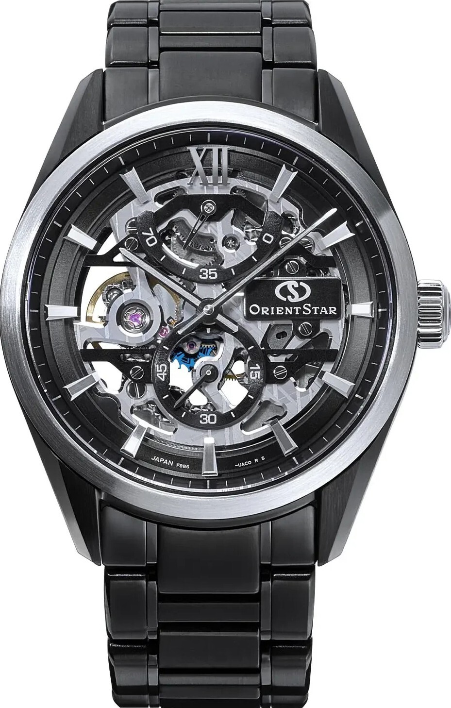 萬年鐘錶 - 東方錶  ORIENT STAR  東方之星 M34 F8  75週年紀念版全黑鏤空面盤70小時動力儲存機械錶 RE-AZ0105N 錶徑 : 39mm