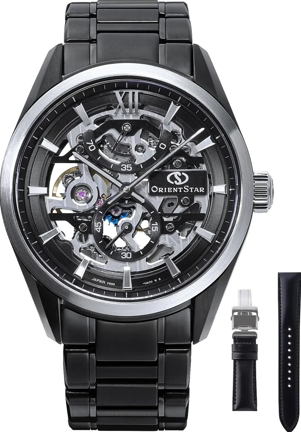 萬年鐘錶 - 東方錶  ORIENT STAR  東方之星 M34 F8  75週年紀念版全黑鏤空面盤70小時動力儲存機械錶 RE-AZ0105N 錶徑 : 39mm