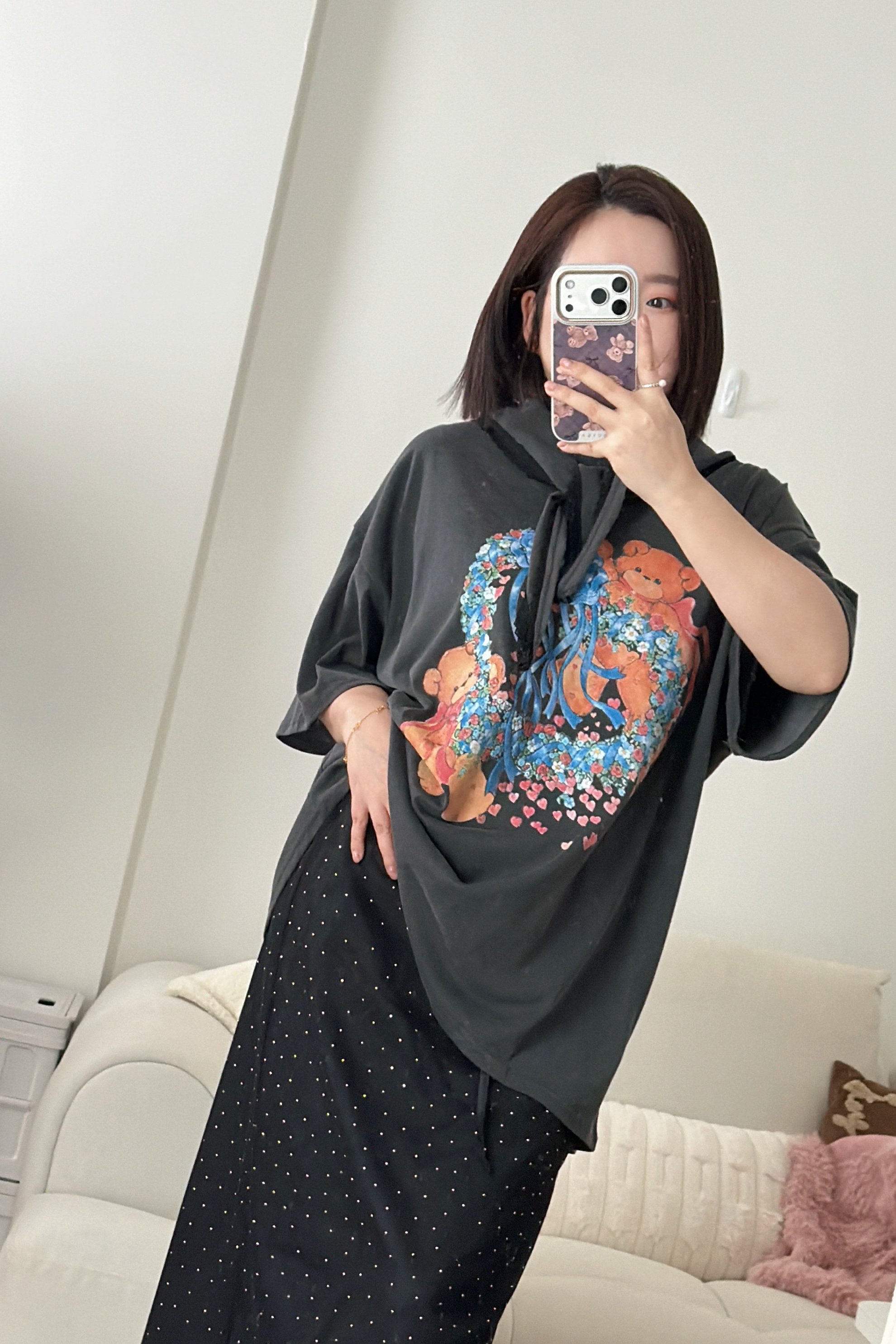 【現貨】NEHA正韓 ♥花朵愛心熊熊長版棉質上衣