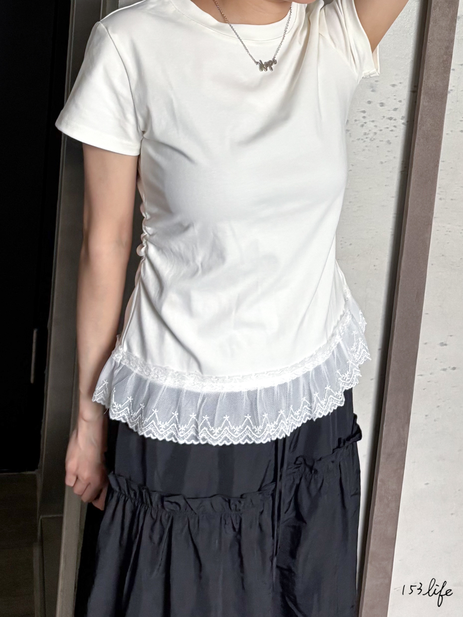 A17下擺拼接蕾絲舒適棉T恤(2色)