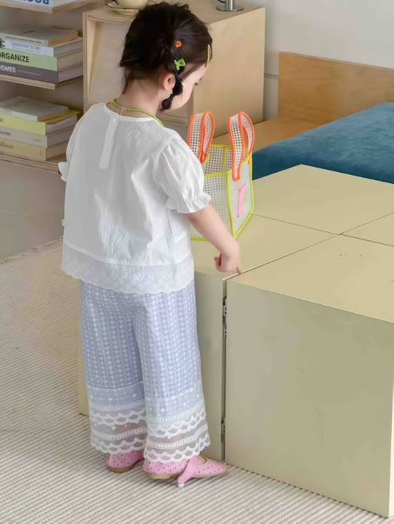 BYC04B010BL 日系微風花園蕾絲格紋闊腳褲