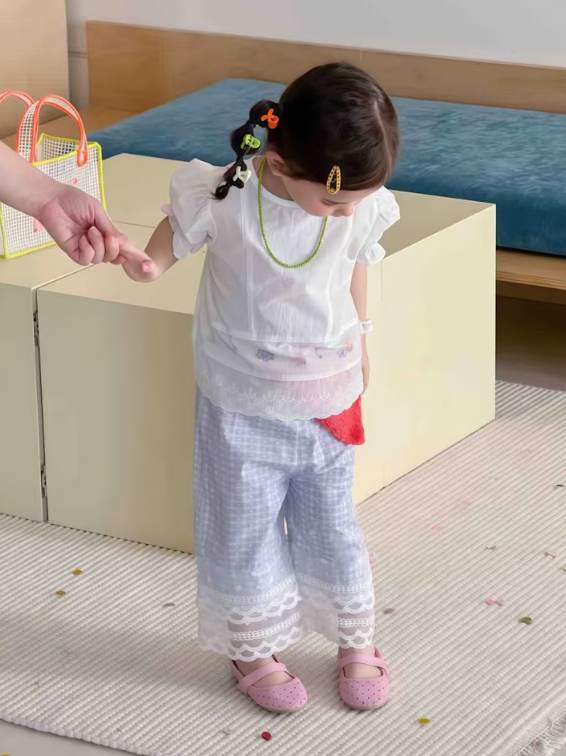 BYC04B010BL 日系微風花園蕾絲格紋闊腳褲