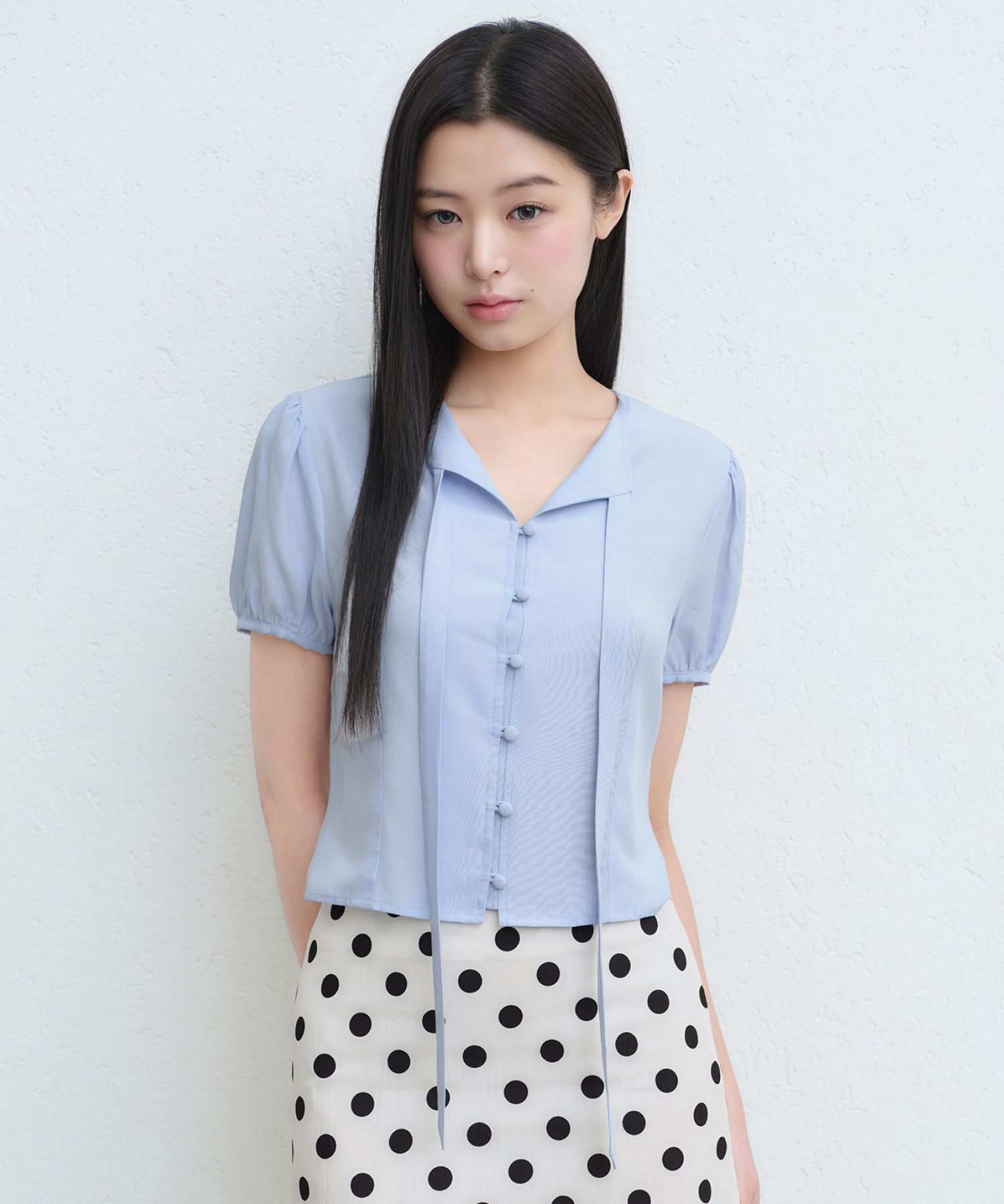 MUSINSA STANDARD WOMAN 泡泡袖綁帶上衣 [淡藍色] MWFBS6A08-LU