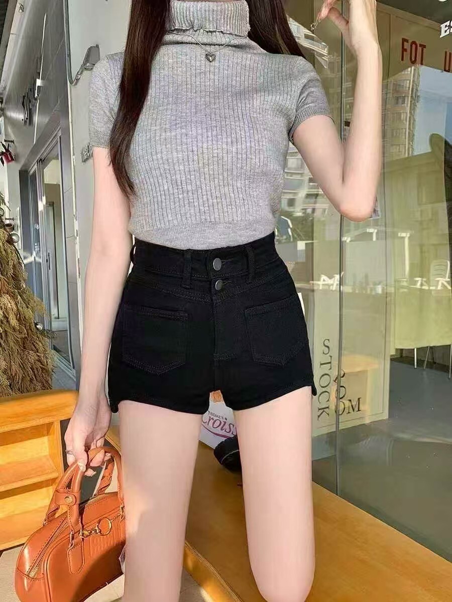 雙釦褲管弧度牛仔短褲 3921