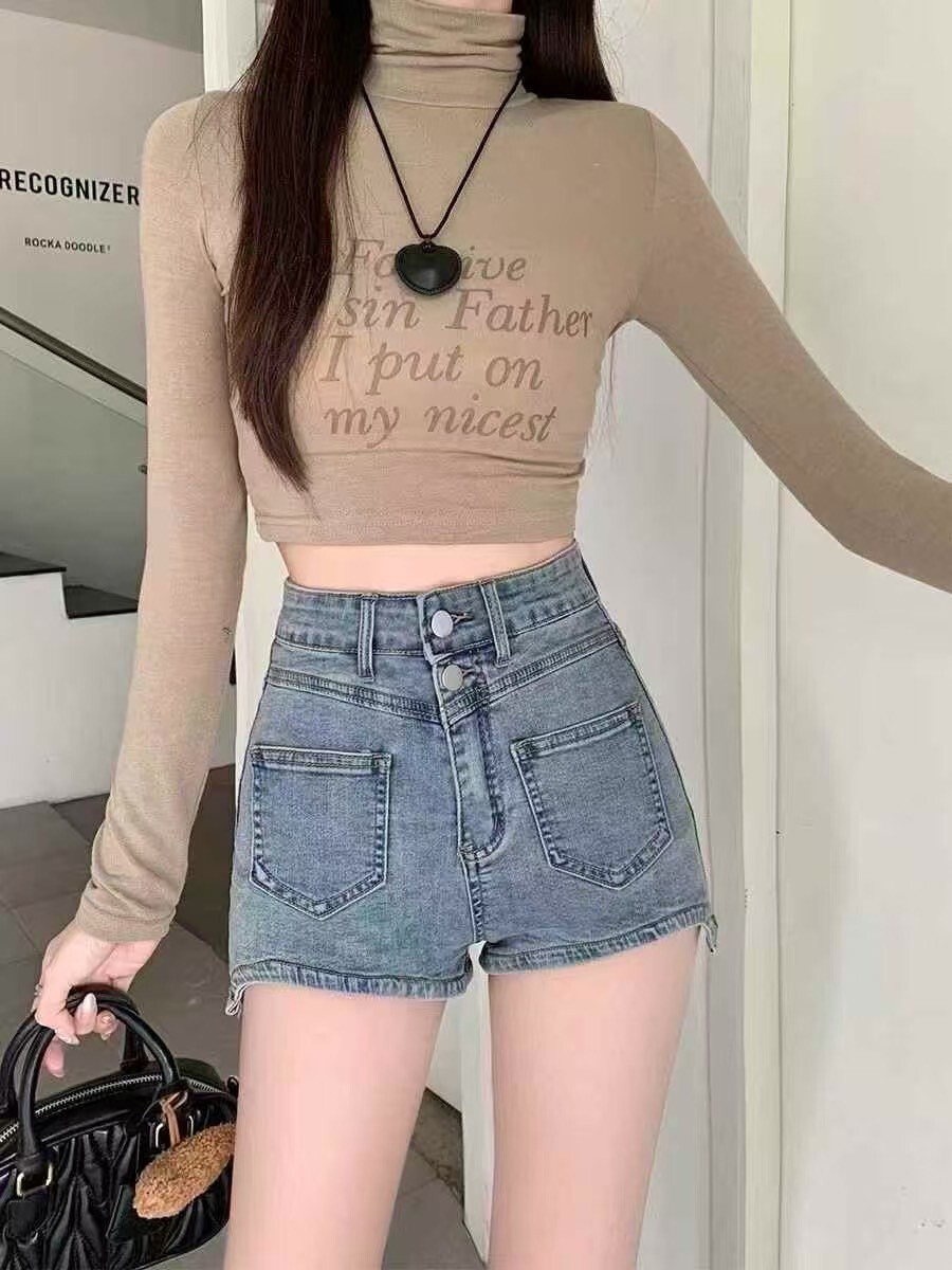 雙釦褲管弧度牛仔短褲 3921