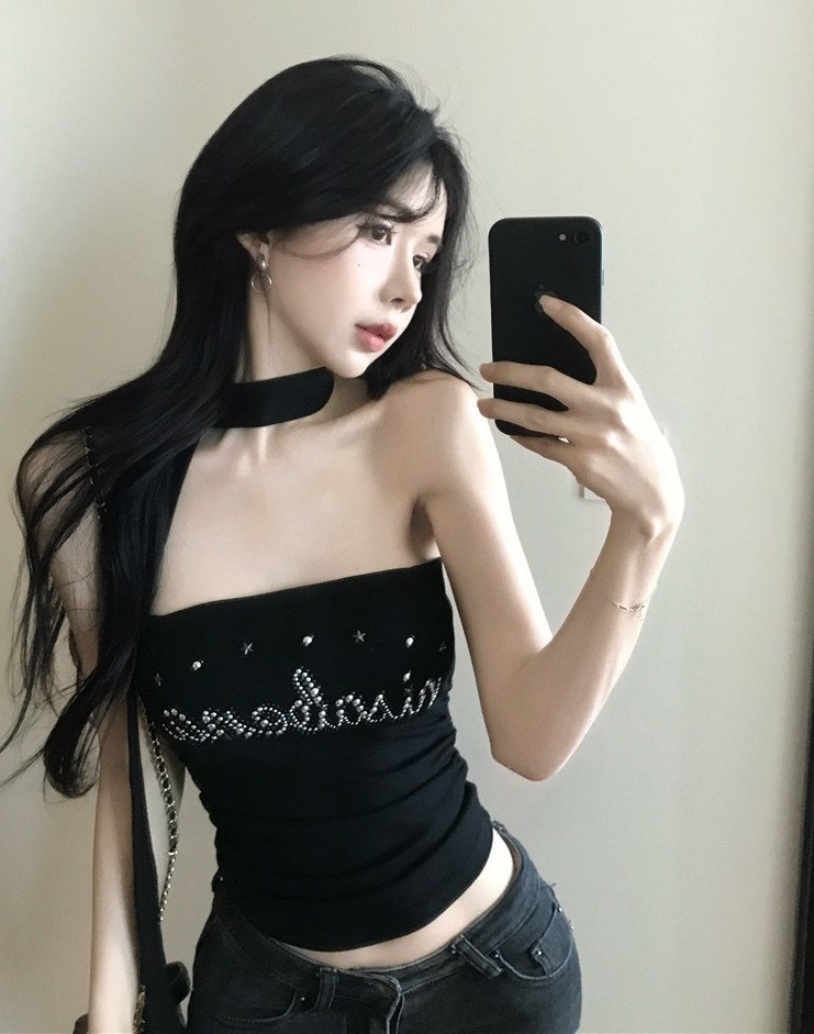 繞脖+星星釘珠字母平口背心