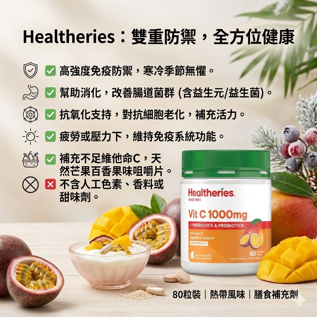 【直播】Healtheries LX040821 維他命C 1000毫克 （含益生元，益生菌） (80粒裝)（買一送一)