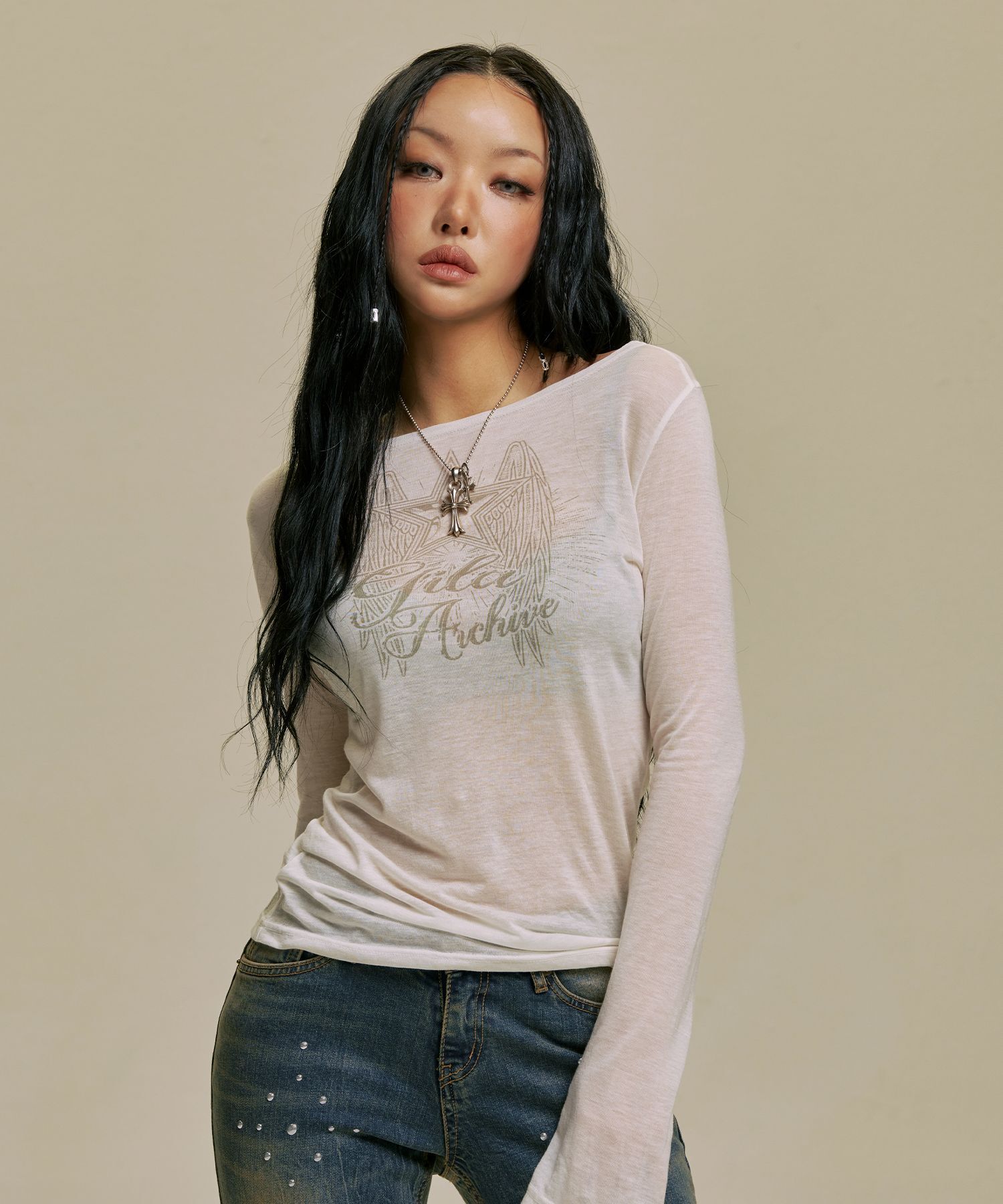 GILAARCHIVE 星翼透膚長袖上衣 JISOO 同款 GL25SPTP05WH