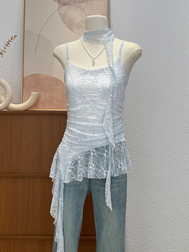 蕾絲繞脖+側邊不規則蕾絲背心