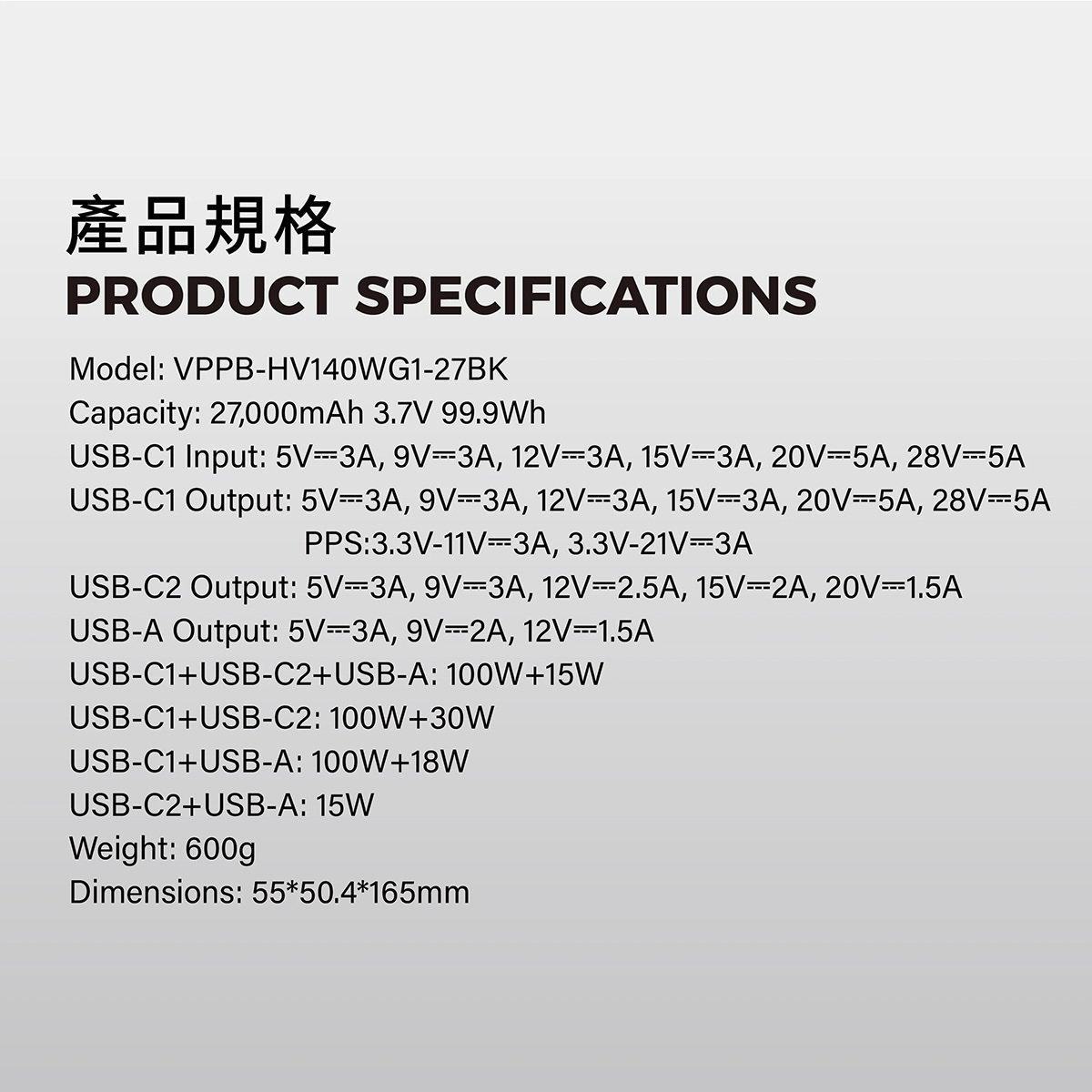 Vinnic 140W PD 3.1 High-Speed ​​Power Bank 27000mAh VPPB-HV140WG1-27BK