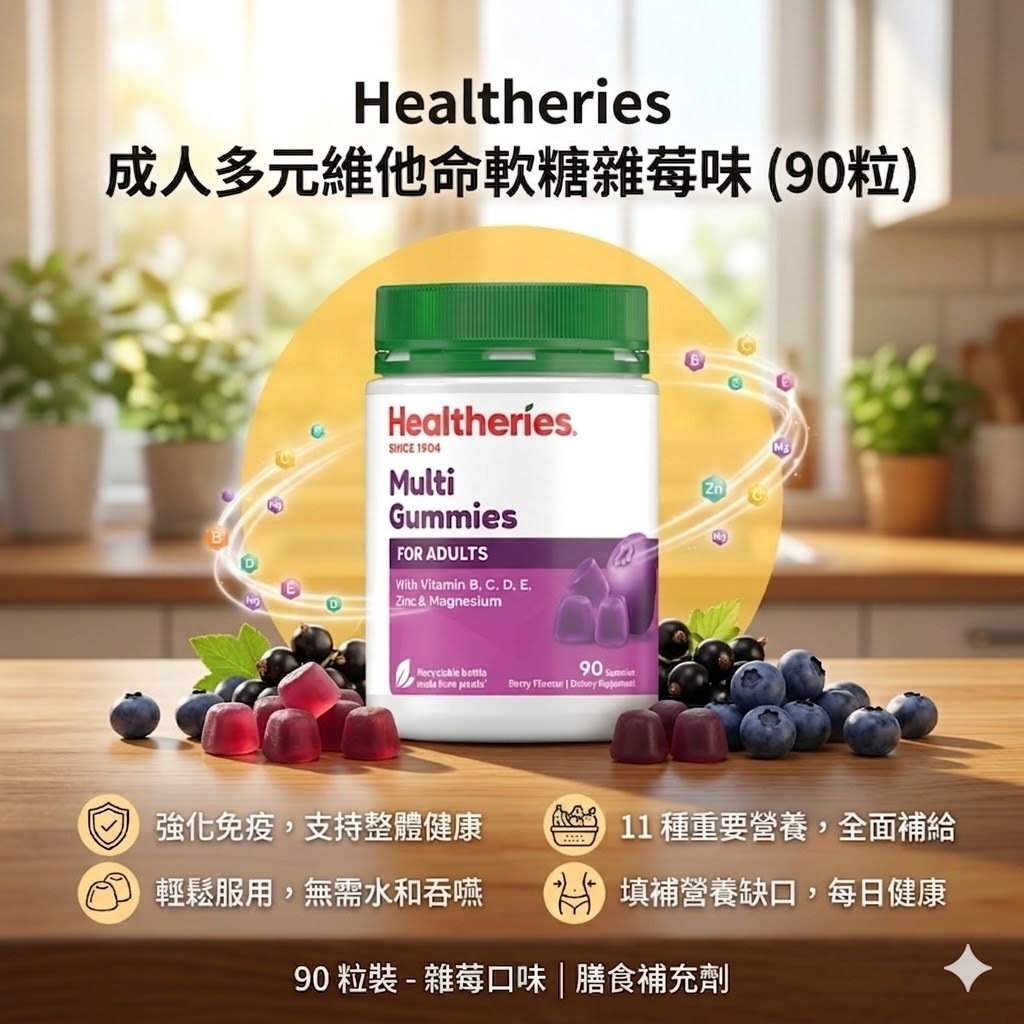 【直播】Healtheries LX040822 成人多元維他命軟糖90粒裝(雜莓味)(買一送一)